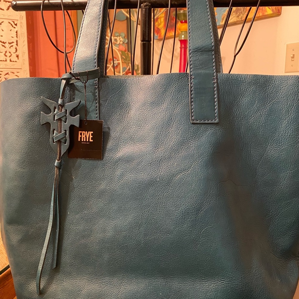 Frye tote, beautiful teal leather, large inside zip pocket